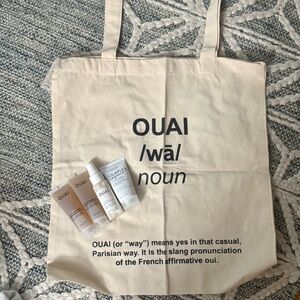 OUAI logo tote with travel sample bundle detox shampoo leave in conditioner NEW